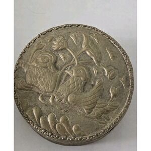 Vintage Persian Repousse Round Box Lid & Mirror Raised Bird Motif Silver Tone